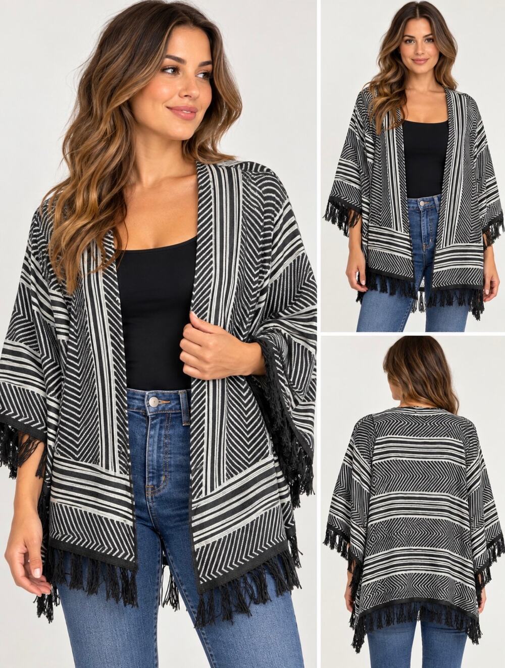 Paper Crane Black White Geometric Fringe Kimono Cardigan Boho Size M